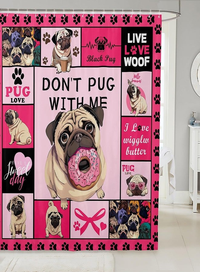 Homewish Cartoon Pugs Kids Pets Shower Curtains,Girls Boys Adults Room Decor,Dog Paws Print Cute Bathroom Curtains,Geometric Plaids Patchwork Pink Colorful Waterproof Curtains,12 Hooks Suits,72" W x 72" L - Image 1